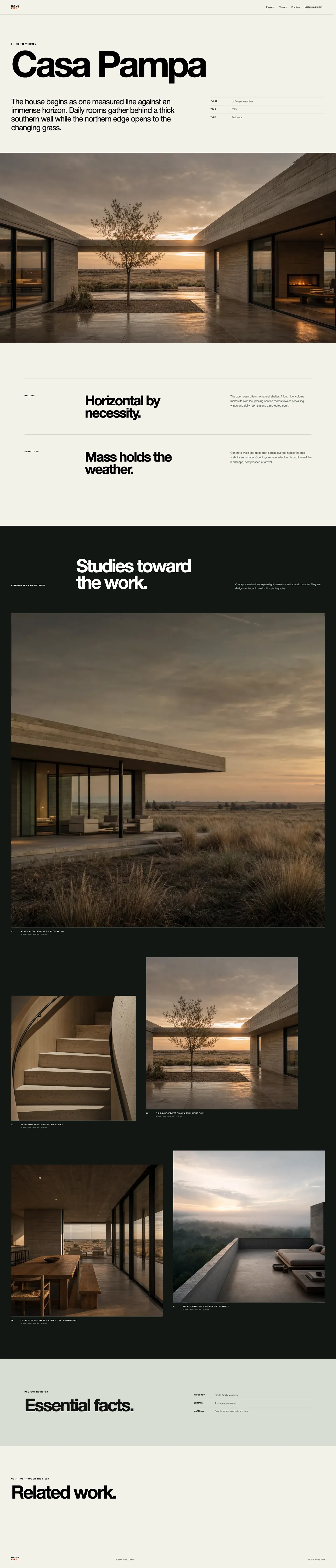 Estudio completo de la página Casa Pampa de Noma Field con datos de proyecto y una narrativa visual de arquitectura