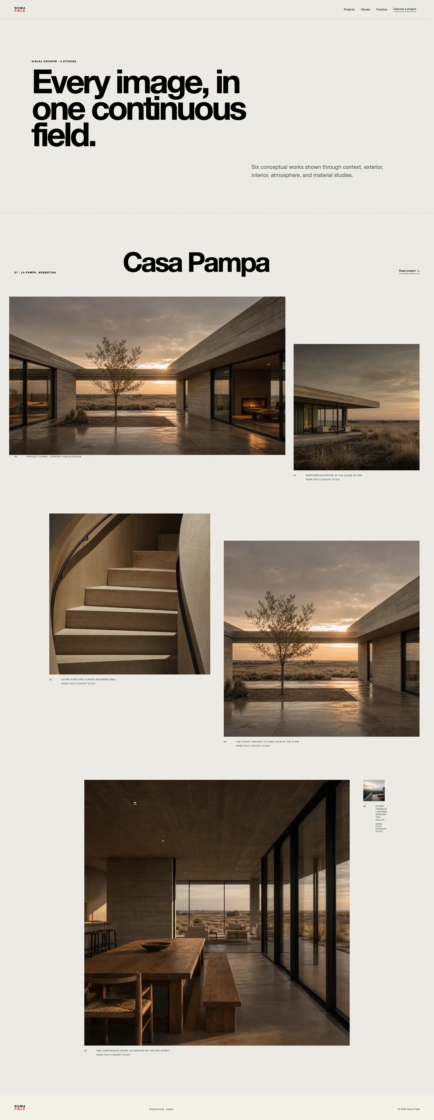 Estudio completo de la página Visuals de Noma Field con el lenguaje de imagen y la dirección de arte del portfolio