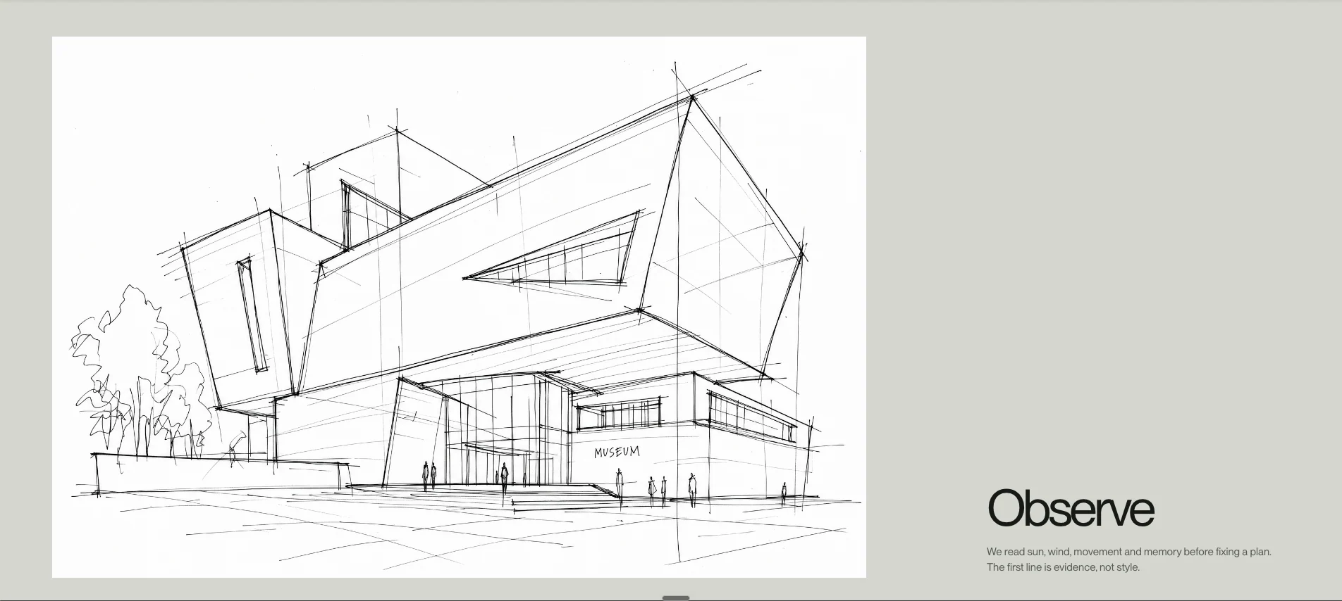 Pantalla Observe de Veyran Architecture Studio con un croquis de museo y tipografía mineral contenida